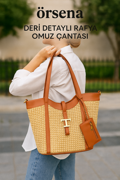 Deri Detaylı Rafya Omuz Çantası