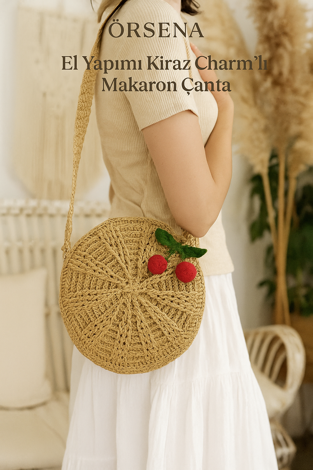 El Yapımı Kiraz Charm'lı Makaron Çanta