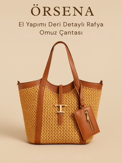Deri Detaylı Rafya Omuz Çantası